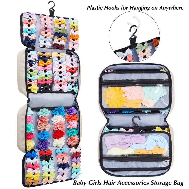 HUHYNN Hair Accessories Organizer for Girls, Hair Accessories Storage Bag, Hair Bow Storage Organaizer for Girls with Multi-Compartments, Baby Hair Accessories Organizer for Travel (Beige) - Image 2